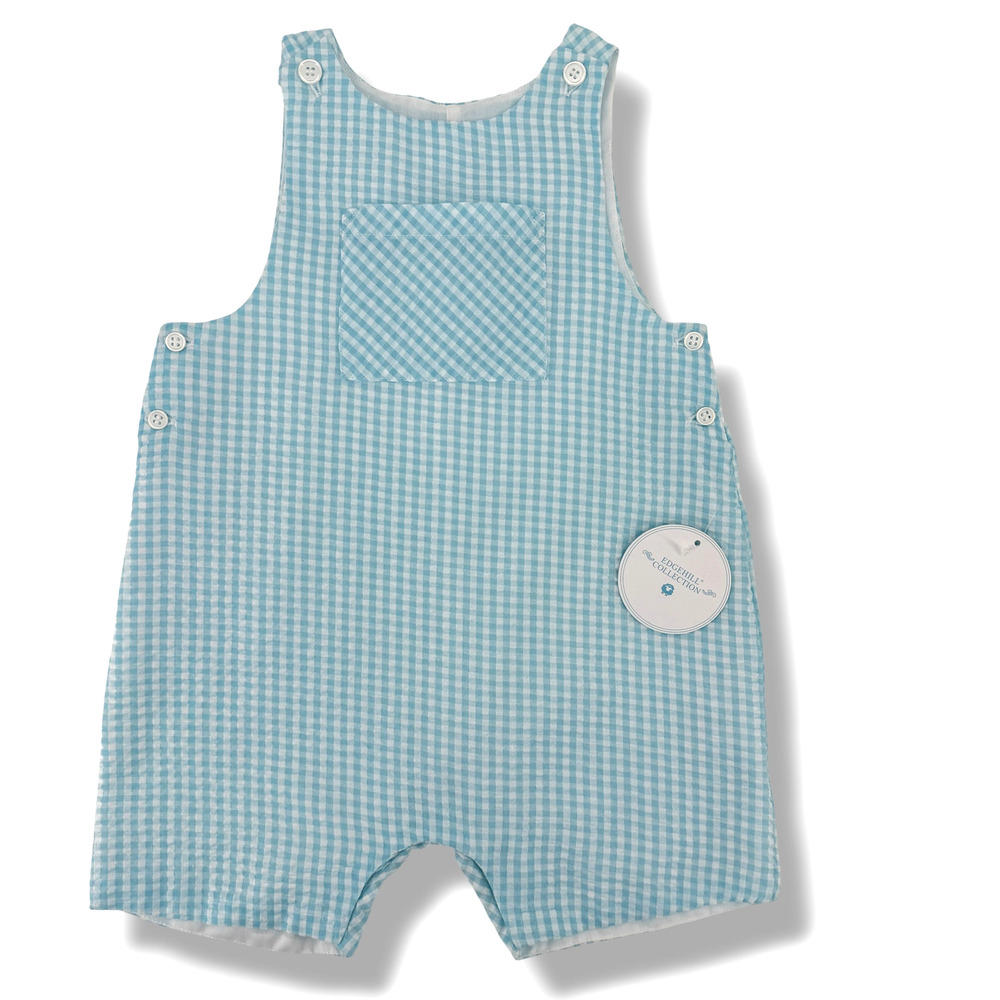 Edgehill Collection Teal Blue Gingham Seersucker Jon Jon Romper Baby Boys Sz 24M